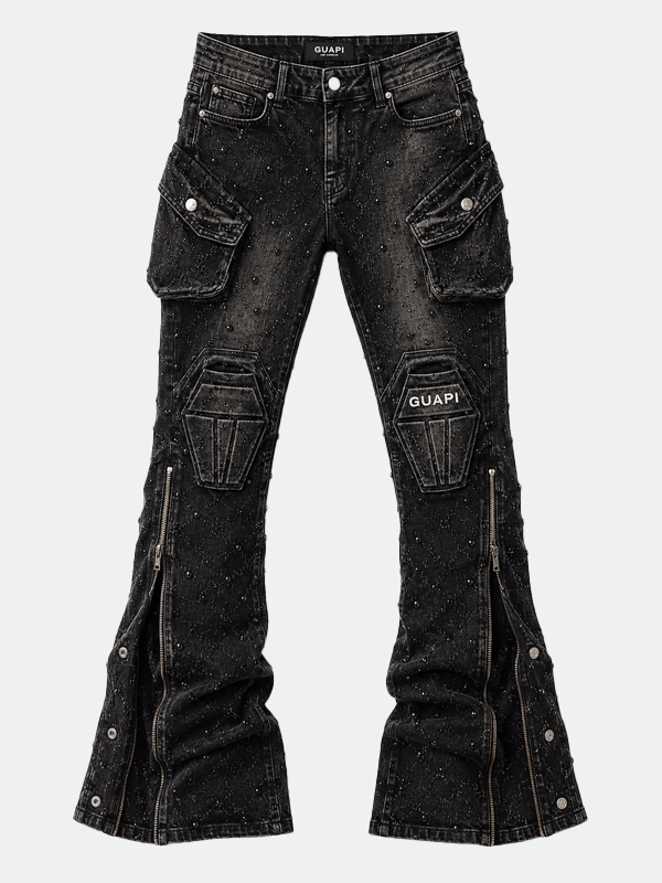 GUAPI Obsidian Black Coffin Arc Embellished Denim jeans with rhinestone detailing, stacked flare fit, cargo pockets, zipper leg openings, and distressed black wash.